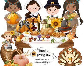 Thanksgiving Clipart: Hand-Drawn Turkey, Pilgrim, Pumpkin (PNG Files) (Digital Download)