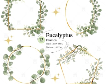 May include: A collection of four gold-colored geometric frames decorated with watercolor-style green eucalyptus leaves. The text reads: Eucalyptus 12 Frames Hand Draw 100% Commercial Use. Small gold four-pointed stars are scattered between the frames.