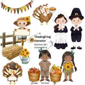 Thanksgiving Clipart Bundle, Cute Pilgrim and Native American PNG,Autumn Harvest (Digital Download)
