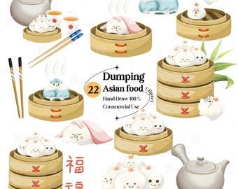 Chinese Food water color Clipart: Dumplings hand draw, Dim Sum, Steamed Buns ( Digital Download)