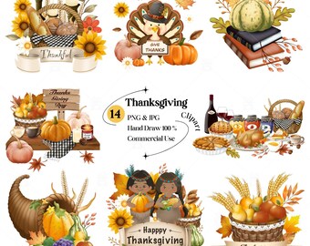 Thanksgiving day Clipart Set: Hand-Drawn Pumpkins, Pilgrims (PNG, JPG Digital Download)