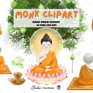 Clip art di monaco buddista, clip art di simbolo thailandese, clip art di Buddha, veste del monaco, clip art acquerello, giorno importante thailandese, PNG del buddismo, file digitale