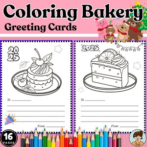 Livre de coloriage de boulangerie, gâteaux, cartes de voeux de boulangerie, illustrations de boulangerie pour enfants, cartes à colorier pour amateurs de pâtisserie, cartes d'écriture