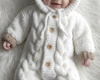 Conjunto de bebé hecho a mano: pelele, gorro y patucos tejidos a mano.