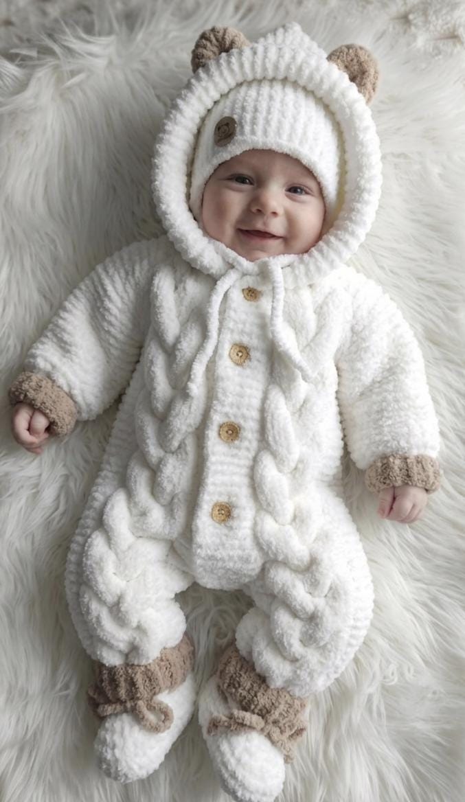 Handmade Knit Baby Bear Romper Set, Plush Velvet Baby Jumpsuit with Hood, Bonnet and Booties, Newborn Coming Home Outfit, Baby Shower Gift
