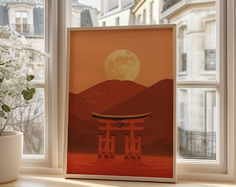Torii Gate Wall Art Print, Japanese Temple Poster With Full Moon And Mountain View For Zen Decor, Spiritual Japanese Landscape Art