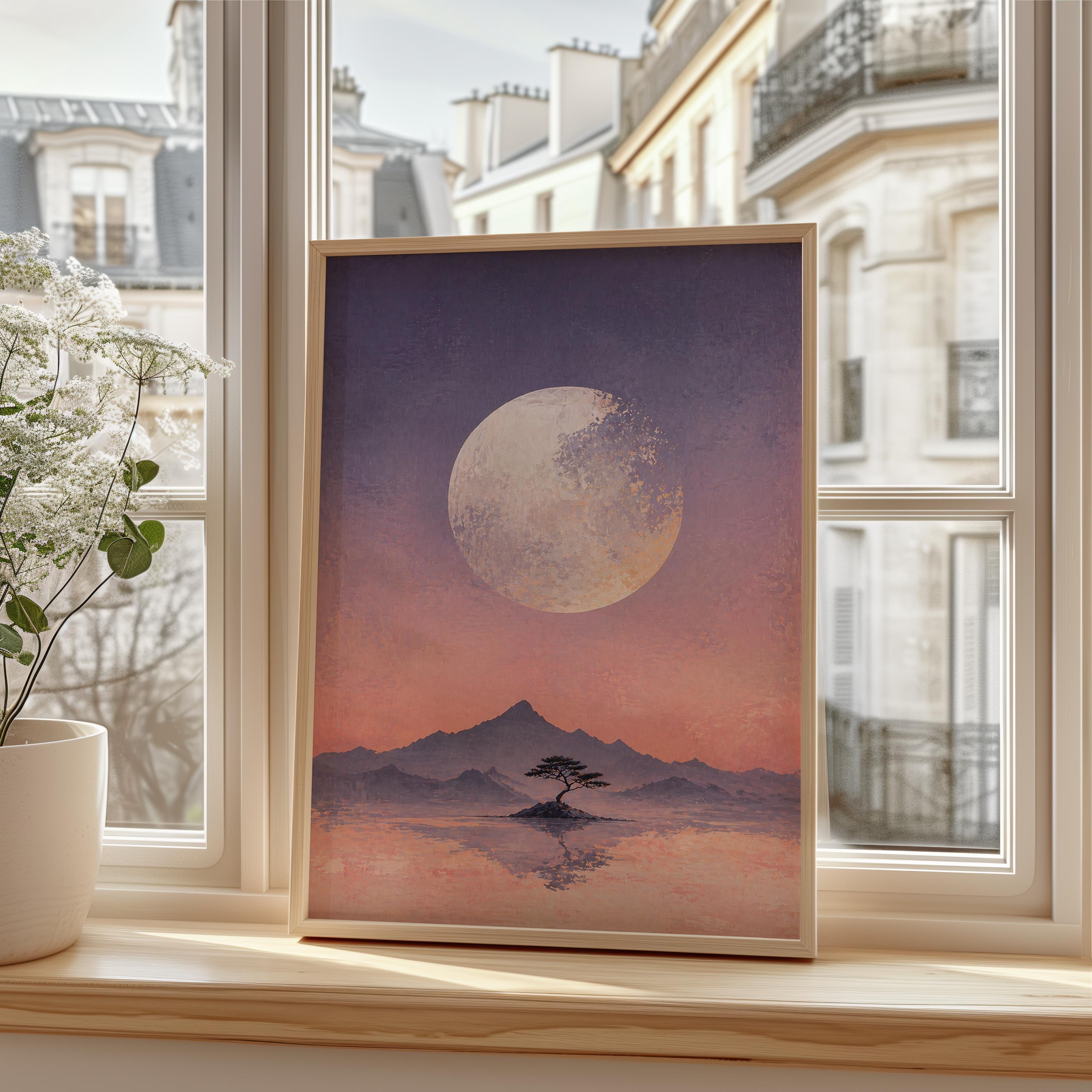 Full Moon Wall Art Poster, Minimalist Landscape Print, Japanese
