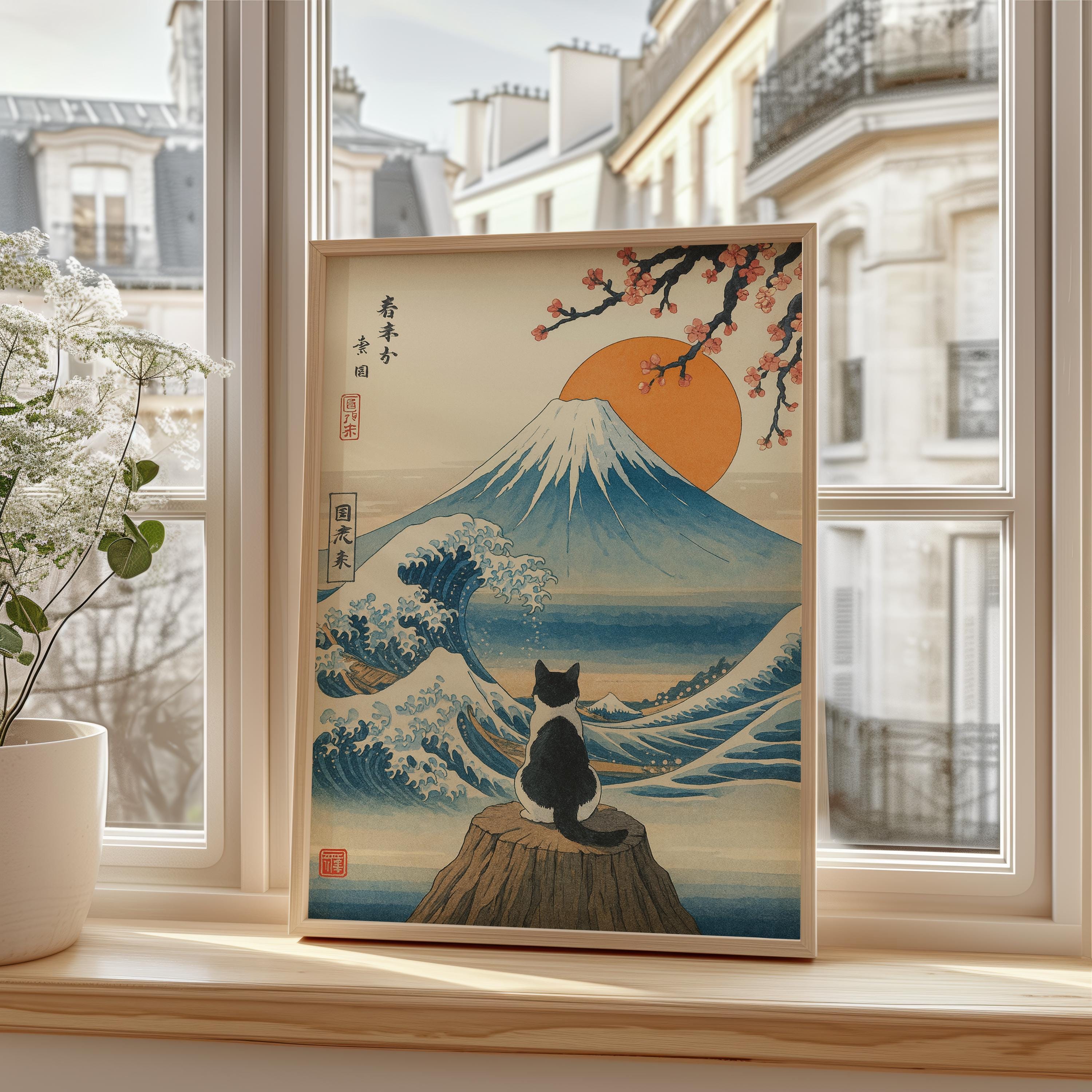 Japanese Cat and Mount Fuji Art Poster, Wave Poster, Sakura Sun
