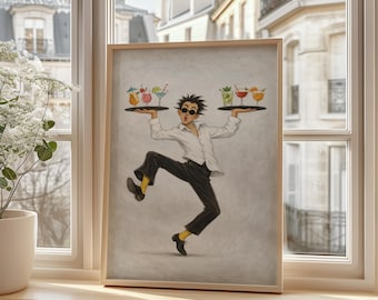 May include: A framed print of a waiter balancing two trays of colorful cocktails. The waiter is depicted in a white shirt, black pants, and sunglasses, with a lively expression. The background is a neutral gray, and the frame is a light wood.