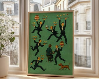 Tiny People Waiters Print, Vintage Restaurant Art Print, Retro Cafe Bar Wall Decor, Fun Servers Illustration, Dining Room Gift
