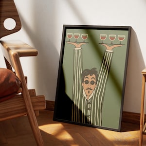 Minimalistischer Kellner-Kunstdruck, Retro-Kellner-Wanddeko, Weingläser-Barposter, lustiges Küchengeschenk, Café-Barkeeper-Illustration Bild 4