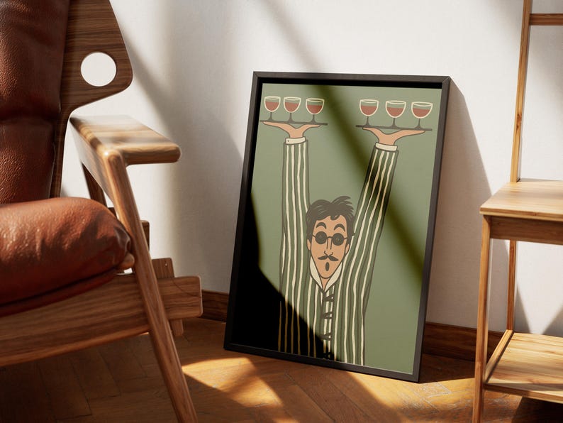 Minimalistischer Kellner-Kunstdruck, Retro-Kellner-Wanddeko, Weingläser-Barposter, lustiges Küchengeschenk, Café-Barkeeper-Illustration Bild 4
