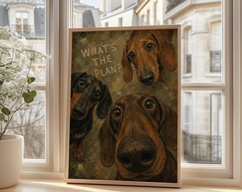 May include: A rectangular wall art print featuring three dachshund dogs with brown and black fur against a textured olive green background. The text "WHAT'S THE PLAN?" is printed in a light, sans-serif font in the upper left corner of the image.