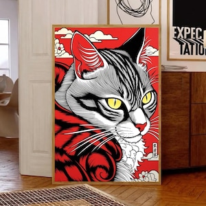 Japanese Cat Poster, Red Cat Art, Traditional Asian Decor, Kawaii Animal Print,Vintage Painting, Museum Poster,Premium poster,Matte Material