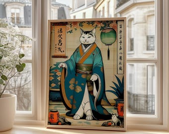 Japanese Cat Portrait Poster, Japanese Style Art, Animal Art Print, Collectible Cat Poster, Artistic Cat Poster,Cat Lover Gift Anime Poster