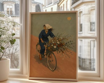 Vintage Bicycle Wall Art Print, Woman On Bike Poster, Flower Basket Print, Cottagecore Decor, Mediterranean Art, Floral Room Decor Gift