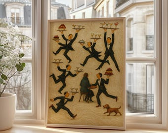Tiny People Print Servers In A Restaurant Retro Food & Drink Bar Wall Art For Cafe Decor, Vintage Waiter Poster With Dog And Cocktails