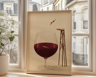 Wine Glass Pool Wall Art Print, Surreal Wine Poster, Funny Bar Decor, Red Wine Print, Diving Board Art, Wine Lover Gift, Kitchen Wall Decor