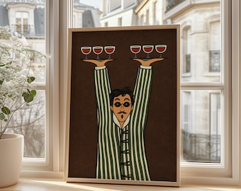 Minimalistischer Kellner Kunstdruck, Retro Servierring Dekor, Weingläser Bar Poster, Lustige Küchen Kunst Geschenk, Cafe Barkeeper Illustrationv