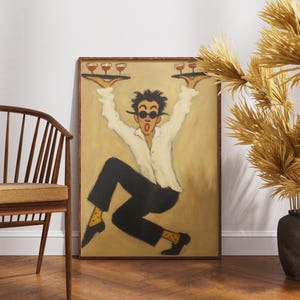 May include: A framed vintage painting depicts a waiter balancing trays of wine glasses. The waiter is wearing a white shirt, black pants, and sunglasses. The painting is set against a neutral background, with a wooden chair and decorative vase in the foreground.
