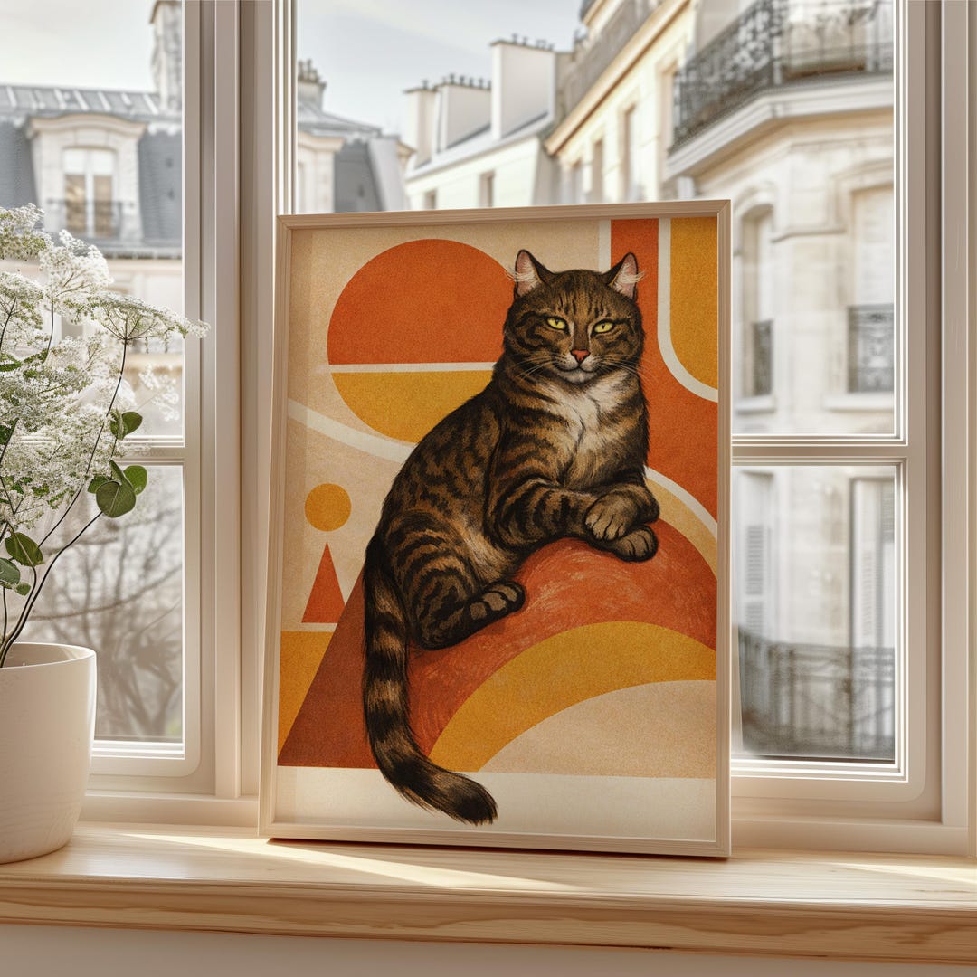 Retro Tabby Cat Poster, Vintage Cat Wall Art, Mid Century Cat Print ...
