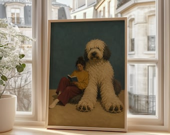 Giant Dog Wall Art Print, Girl Reading Poster, Cozy Book Lover Decor, Whimsical Pet Print, Reading Room Art, Dog Lover Gift
