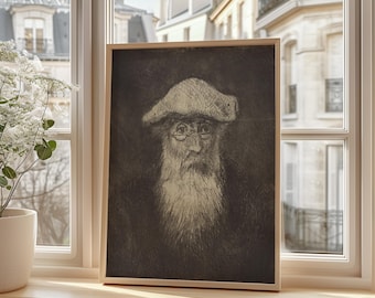 Retrato de Camille Pissarro, lámina artística de autorretrato estilo grabado vintage, póster decorativo de pared de artista barbudo clásico, dibujo antiguo.