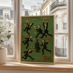 May include: A framed art print featuring a whimsical illustration of waiters in black suits carrying trays of drinks, cakes, and covered dishes. The background is a solid green color, and a small brown dog is also in the image.