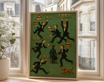 Tiny People Waiters Print, Whimsical Restaurant Scene Poster With Bartenders, Cakes, Cocktails And Dog, Vintage Bar Art For Kitchen