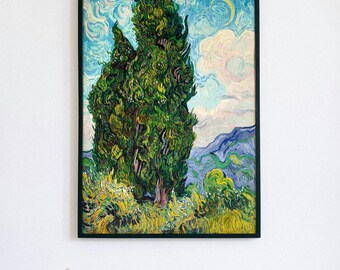 ゴッホの糸杉ポスター、風景画、緑の自然プリント、鮮やかな空の絵画