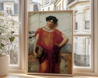 May include: A framed print of a classical painting featuring a woman in a red and orange draped gown, holding a tambourine. The artwork is set against a marble-like background, with a wooden frame. The image is displayed on a windowsill.