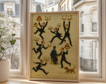 Tiny People Waiters Vintage Style Restaurant Poster Fun Retro Bar Wall Art & Cafe Drink Print, Trendy Kitchen Decor, Canvas Wall Art Decor