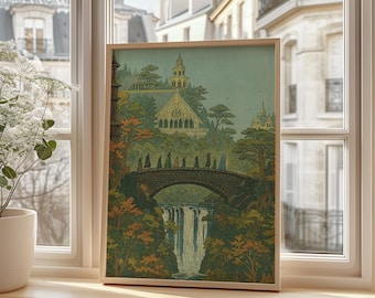 May include: A framed rectangular art print featuring a detailed illustration of a group of small figures walking across a stone bridge. Below the bridge is a waterfall, and above it sits a large building surrounded by trees in shades of green and gold.