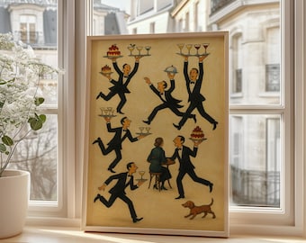 Tiny People Waiters Poster, Retro Style Food And Drink Wall Art For Cafe, Kitchen Or Bar Decor, Whimsical Waiter Artwork, kitchen wall decor