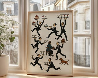 Vintage Style Waiters Poster, Funny Tiny People Restaurant Print For Retro Bar And Kitchen Wall Decor, funny kitchen poster