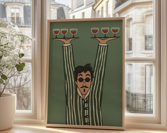 Kellner Poster, Retro Bar Wanddeko, Weinglas Poster, Lustige Küchenkunst, Cafe Barkeeper Illustration, Minimalistische Restaurant Deko