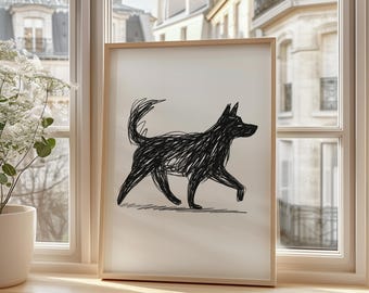 Minimalistischer Hund Linie Art Print, schwarzer Tinte Hund Zeichnung Poster, modernes Haustier Wanddekor, Skizze Stil Tier Illustration für Hundeliebhaber