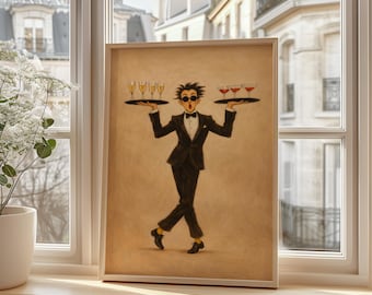 May include: A framed print depicts a cartoon waiter in a black suit and bow tie, balancing trays of drinks. The waiter has spiky hair and sunglasses. The print is displayed on a wooden windowsill.
