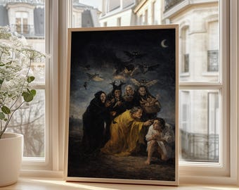 May include: A framed print of a dark, gothic painting depicting a group of figures in dark robes and hats, with bats flying in the night sky. The artwork has a vintage, antique aesthetic, with a dramatic and mysterious atmosphere.