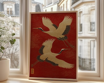 Japońska grafika ścienna z żurawiem, plakat z czerwonym i złotym orientalnym ptakiem, tradycyjny wystrój azjatycki, elegancki nadruk z latającym żurawiem, estetyka ścienna zen