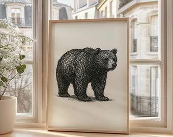 Minimalistische Bärenlinie Kunstdruck - schwarze Tierwandkunst, rustikales Waldplakat für Cabin-Dekor, Geschenk der wild lebenden Tiere oder Naturwandkunst