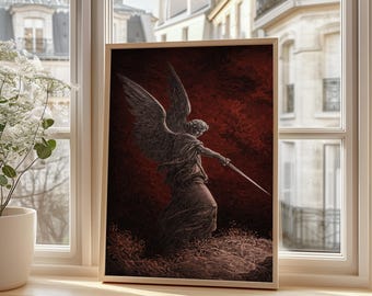 Gustave Doré Ángel con Espada Lámina Artística, Arte Mural de Arcángel Gótico Oscuro para Decoración Ocultista, Mitología y Amantes de la Ilustración Clásica