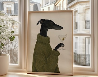 Puede incluir: Una lámina enmarcada que muestra a un galgo negro con un suéter de cuello alto de color verde oliva. El perro aparece de perfil, sosteniendo una copa de martini transparente con una aceituna verde dentro. La ilustración tiene un fondo liso.