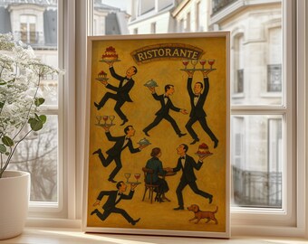 Tiny People Waiters Print, Whimsical Ristorante Scene Vintage Food & Wine Poster, Funny Italian Café Wall Art for Kitchen or Bar