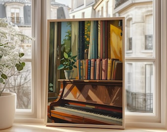 Piano Poster Wall Art, Vintage Music Room Decor, Book Lover Gift, Cozy Piano Print, Classical Music Art For Musicians And Readers