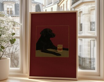 Poster con cane nero e whisky, divertente stampa artistica in stile vintage per bar, taverna, regalo per amanti dei cani o elegante decorazione murale.