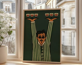 Poster Camarero Minimalista, Decor Bar Retro, Poster Copas De Vino, Arte Cocina Divertido, Ilustracion Barman Para Cafe