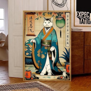 Japanse kattenportretposter, kunst in Japanse stijl, dierlijke kunstprint, verzamelobject kattenposter, artistieke kattenposter, kattenliefhebber cadeau animeposter