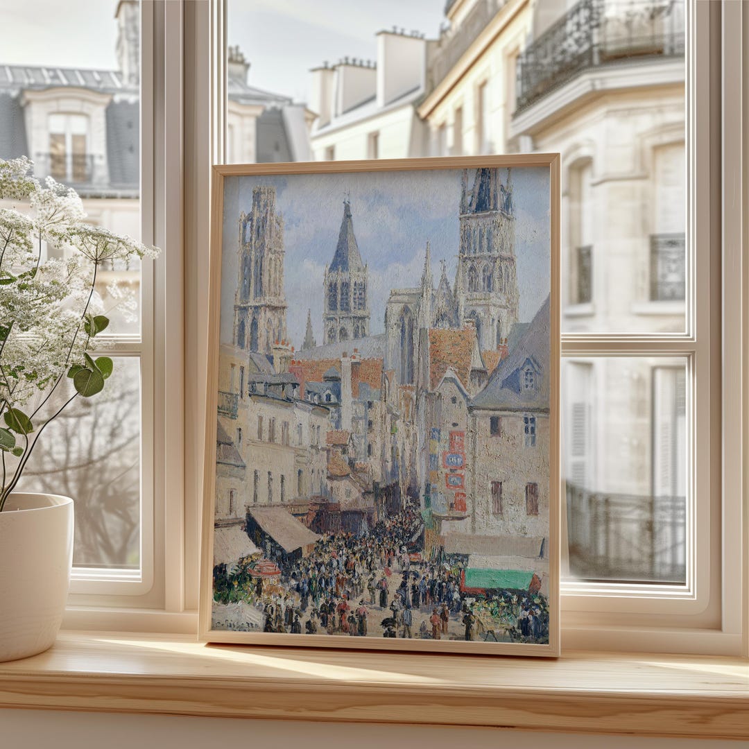 カミーユ・ピサロ作 ルーアンの街並みポスター、フランスの市場風景