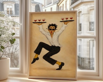 May include: A framed art print depicts a waiter in a white shirt, black pants, and sunglasses, balancing trays of wine glasses. The illustration has a vintage style with a light brown background and is set against a window.